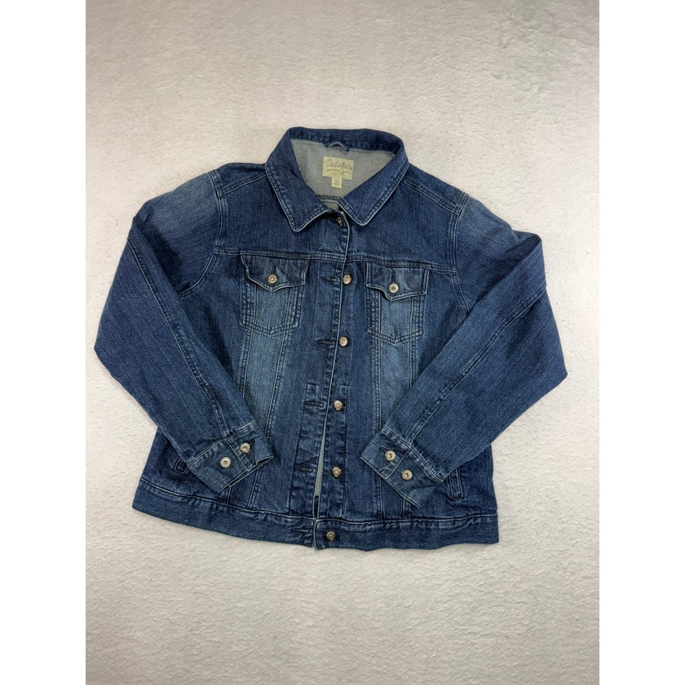 Cabelas Womens Blue Denim Trucker Jacket Dark Wash Stretch Size Large